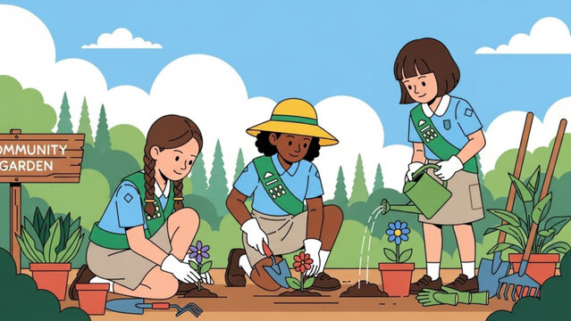 Girl Scouts Planting Flowers in Community Garden