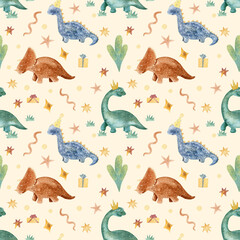 Seamless watercolor dinosaur pattern for kids birthday. Cute hand painted dinosaurs with party hats, gifts and confetti, perfect for party decor, wrapping paper, textiles, stationery and kids design.