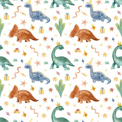 Seamless watercolor dinosaur pattern for kids birthday. Cute hand painted dinosaurs with party hats, gifts and confetti, perfect for party decor, wrapping paper, textiles, stationery and kids design.