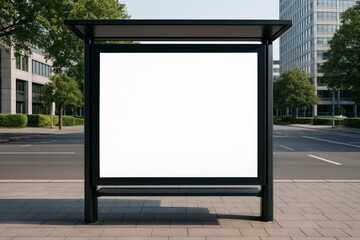 Fototapeta premium Blank white advertisement board on modern bus stop with clean urban street and trees in background, showcasing city exterior design concept idea. Ai generative
