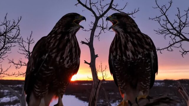 Two majestic hawks perched in a tree at sunset with beautiful winter landscape backdrop and birds calling loudly