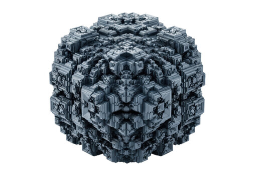 extreme macro of massive synthetic silicon hopper crystal, gunmetal gray iridescent sheen, stepped geometric cubic structure, hard directional studio lighting on transparent background, concept of