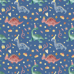 Seamless watercolor dinosaur pattern for kids birthday. Cute hand painted dinosaurs with party hats, gifts and confetti, perfect for party decor, wrapping paper, textiles, stationery and kids design.