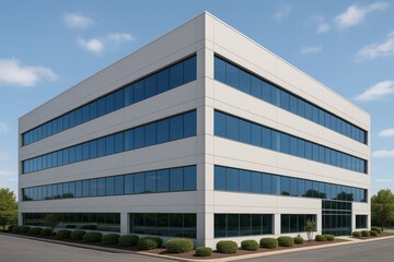 Obraz premium Modern office building exterior with glass windows and minimalist architectural design against a clear sky, showing urban commercial concept style. Ai generative