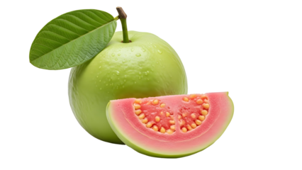 Guava fruit with leaf and cut slice