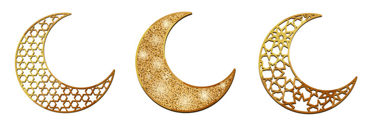 Luxury Golden Crescent Moon Set with Geometric Pattern and Glitter Texture Isolated for Ramadan and Islamic Festive Designs © Ariel