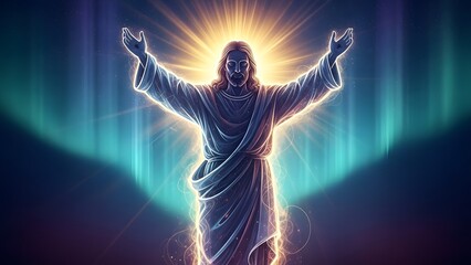 Radiant christ figure with outstretched arms in divine light