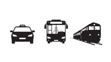 Taxi, Bus, and Train Silhouettes in Modern Minimalist Style with Solid Black Color on White Background for Transportation Icons
