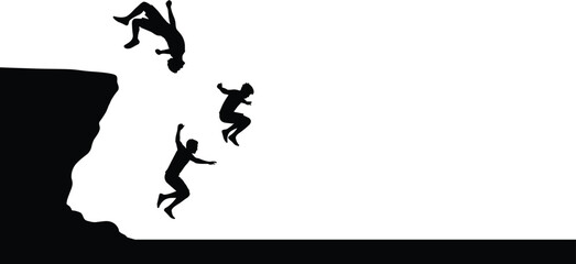 Silhouette of adventurous people jumping off cliff in sequence, extreme summer activity, freedom, risk and outdoor adrenaline concept © Ashikur
