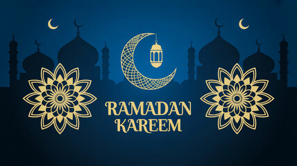 Ramadan kareem: a festive greeting with islamic symbols and mosque silhouettes