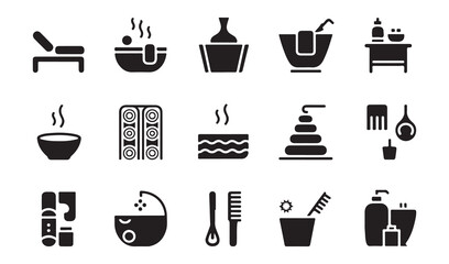 Collection of black glyph spa and wellness icons, including bath, massage, and relaxation elements on white