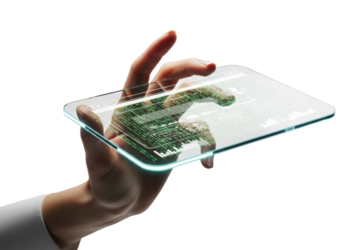 Detailed close-up of a sophisticated businesswoman's hand holding a transparent device displaying glowing green matrix code ui, isolated on a transparent background. Concept of future technology - Powered by Adobe