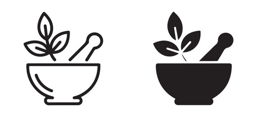 Ayurvedic mortar and pestle vector line icons for natural health organic skincare herbal pharmacology lab research