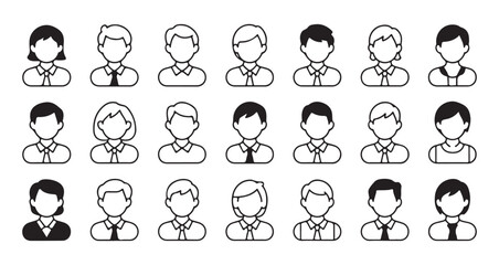 Set of 21 business avatar icons collection in black and white minimalist line art and solid styles