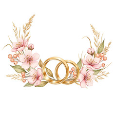 Golden Wedding Rings with Pink Flowers and Leaves Isolated on White