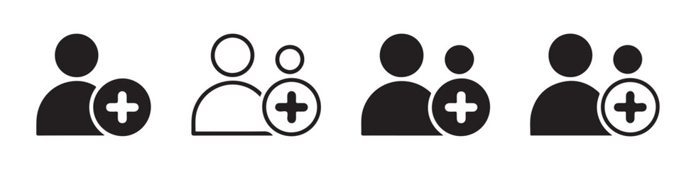 Fototapeta premium Set of four different add user icons representing single person and multiple persons in various styles
