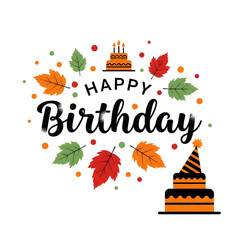 Happy Birthday Cake with Autumn Leaves and Confetti on White Background