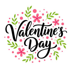 Valentines Day Pink Floral Illustration with Leaves on White Background