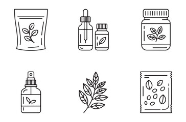 Set of line art icons for herbal products including pouch oil bottles jar spray bottle and seed packaging designs