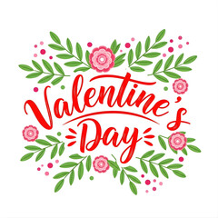 Valentines Day Floral Wreath with Pink Roses and Green Leaves on a white Background