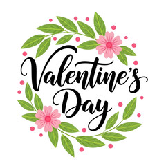 Valentines Day Floral Wreath with Pink Flowers and Green Leaves on a white Background