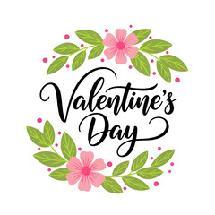 Valentines Day Wreath with Pink Flowers and Green Leaves on White Background