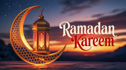Beautiful ramadan kareem greeting with crescent moon and lantern during sunset