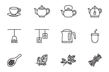 Collection of 12 line icons representing different elements of tea preparation including teapots cups leaves and utensils