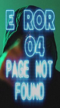 Vertical Hacker in Hoodie with Mask Using Laptop in Darkness Error 404 Glitch Effect
