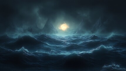 Stormy seas at night under the moon