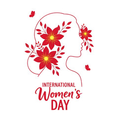 International Womens Day Illustration with Red Flowers and Female Silhouette on a white Background