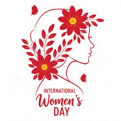 Woman with Red Flowers in Hair Celebrating International Womens Day Illustration on a white Background