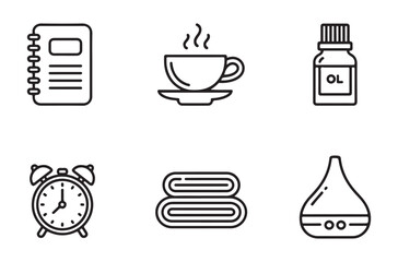 Set of six wellness and relaxation icons for self care routine and healthy lifestyle design elements