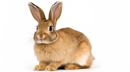 Graceful brown rabbit sitting calmly on a pristine white background, alert and curious