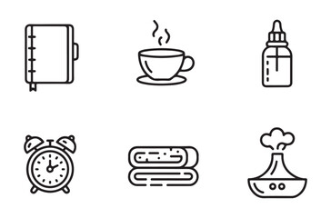 Six distinct outline icons representing daily wellness habits including reading tea aromatherapy and sleep preparation