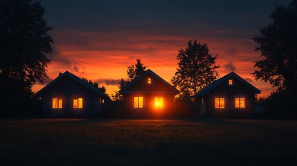 Illuminated houses at sunset