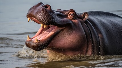 Fototapeta premium Impressive hippopotamus emerging from murky waters with wide open jaws and visible tusks