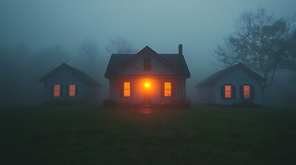 Mysterious houses in fog