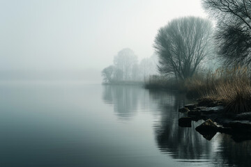 Soft morning fog over a still lake, diffused muted light and calm atmosphere, conveying inner peace and acceptance with generous text space