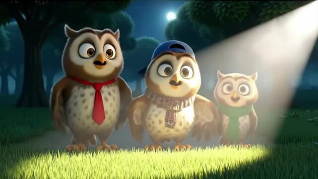 Three animated owls demonstrating "see no evil, hear no evil, speak no evil" in a dark forest at night for wisdom and ethical behavior concept