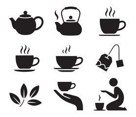 Black glyph icons depicting tea preparation, warm drinks, and tea culture symbols on white background isolated