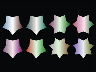 Eight gradient metallic five-point star icons on black background, colorful glossy badge shapes