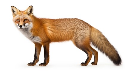 Fototapeta premium Lively Red Fox with Fluffy Tail Standing Sideways Against a White Background