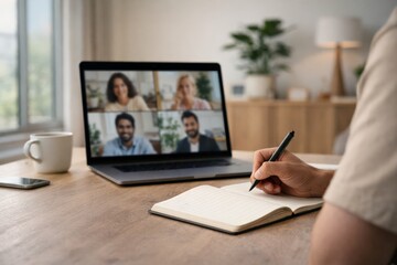 Engaging in a Virtual Meeting: A Remote Work Professional Participating in an Online Conference While Taking Notes on a Notebook