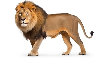 Obraz premium Majestic Adult Male African Lion Standing Proudly with Full Mane on White Background