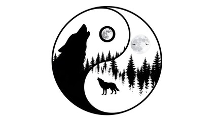 Wolves howling at moon in yin yang forest scene