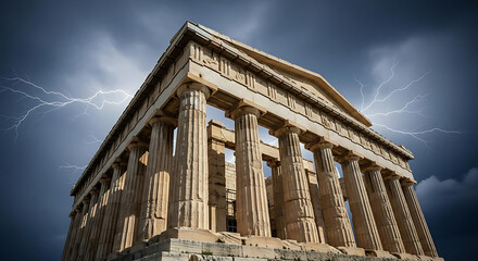 The ancient Parthenon stands majestically under a stormy sky with lightning illuminating the historic Greek architecture