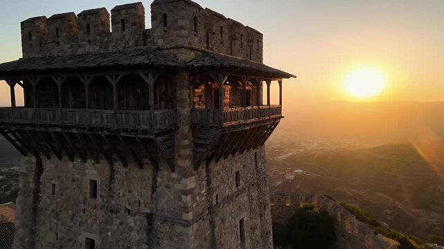 Historic Stone Fortress Tower at Sunset with Beautiful Landscape Views