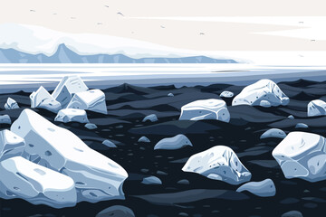 Glacial Ice Chunks on Black Sand Shore isolated illustration