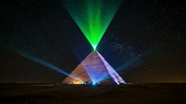 Spectacular laser show at the Great Pyramids of Giza under starry night sky